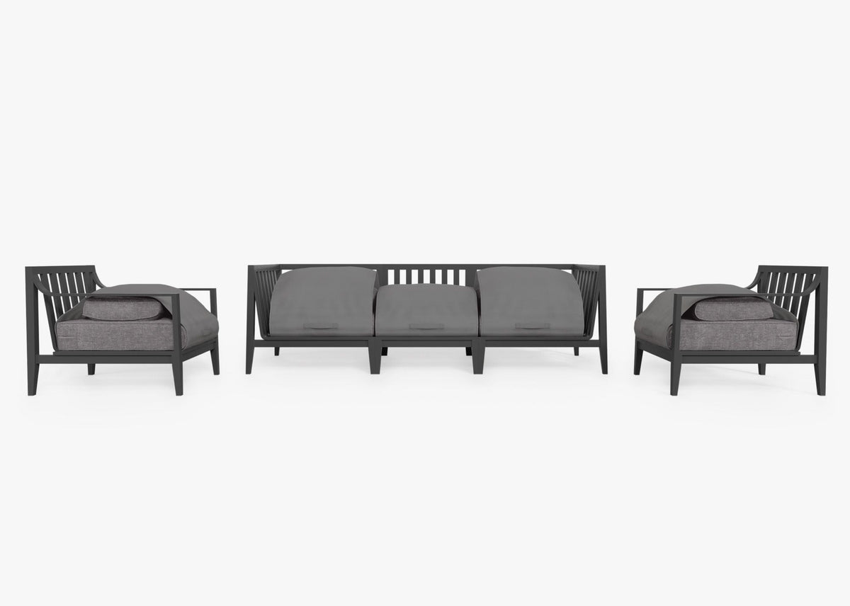 Charcoal aluminum outdoor sofa set features a modular design with gray cushions, offering flexible seating for five.