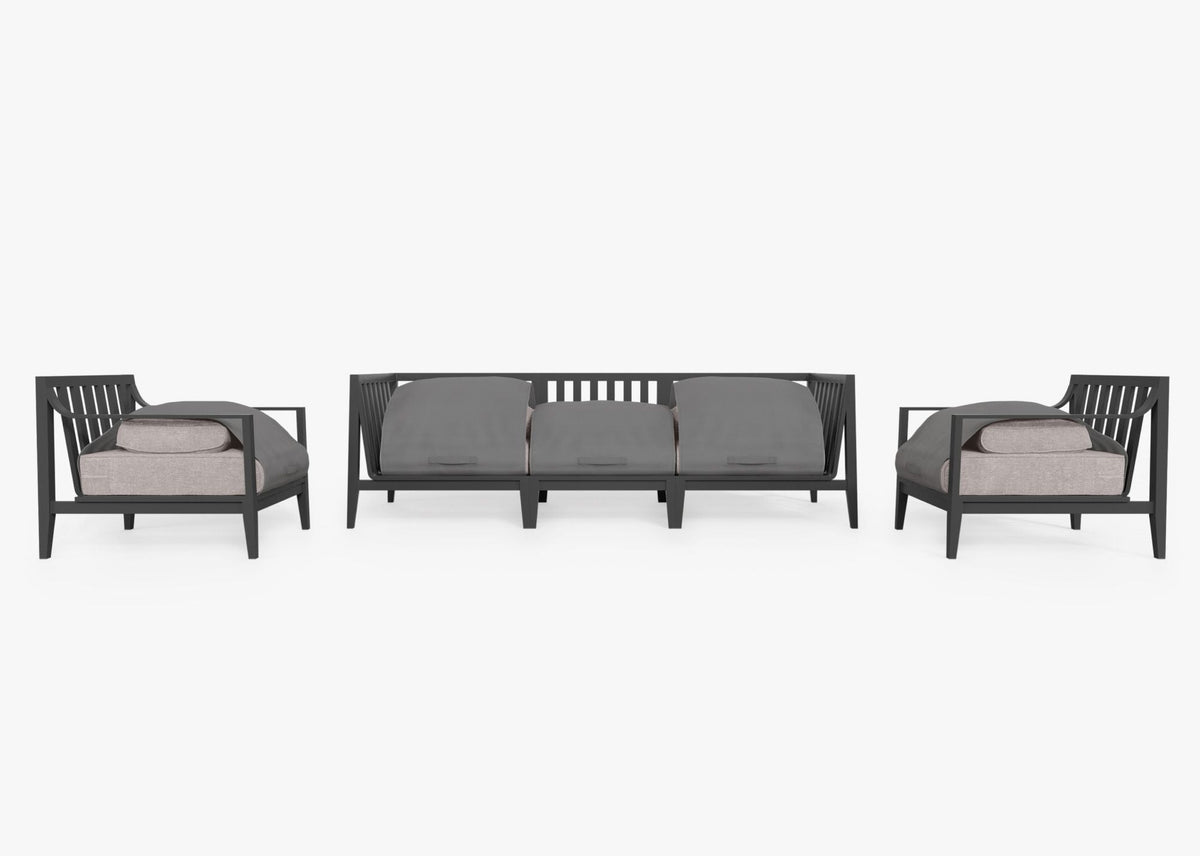 Charcoal aluminum outdoor sofa set with two armchairs and three plush cushions, featuring a built-in protective cover.
