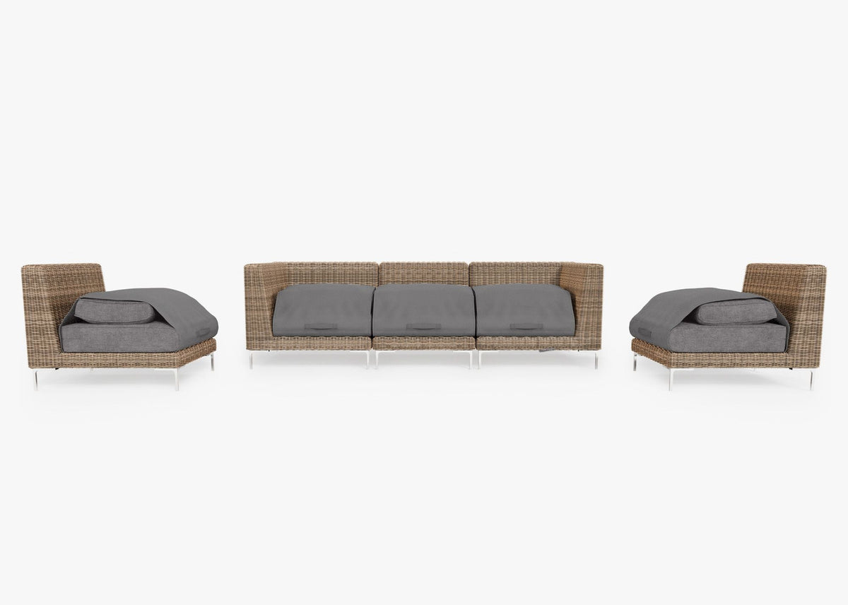 Handwoven brown wicker outdoor sofa set with three armless chairs, gray cushions, and polished stainless steel legs.