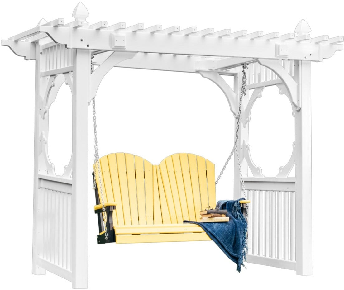 Freestanding white vinyl swing stand with a yellow-adirondack style swing, featuring a cozy blue blanket draped over.