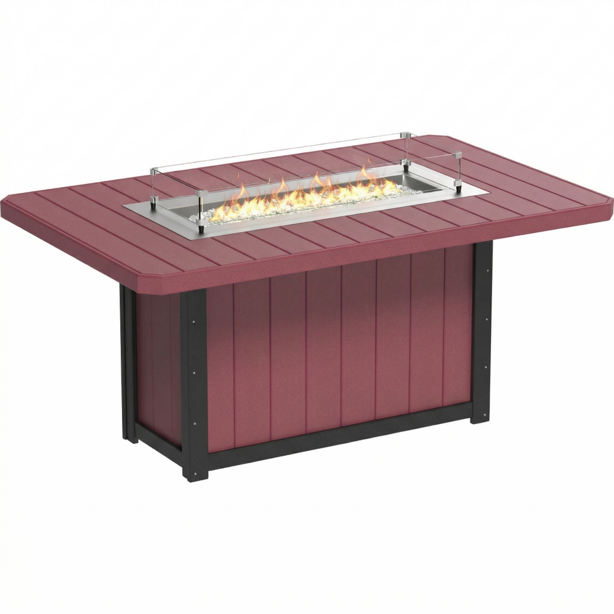 Rectangular 79" fire table in burgundy with a stainless steel burner and glass wind guard for outdoor gatherings.