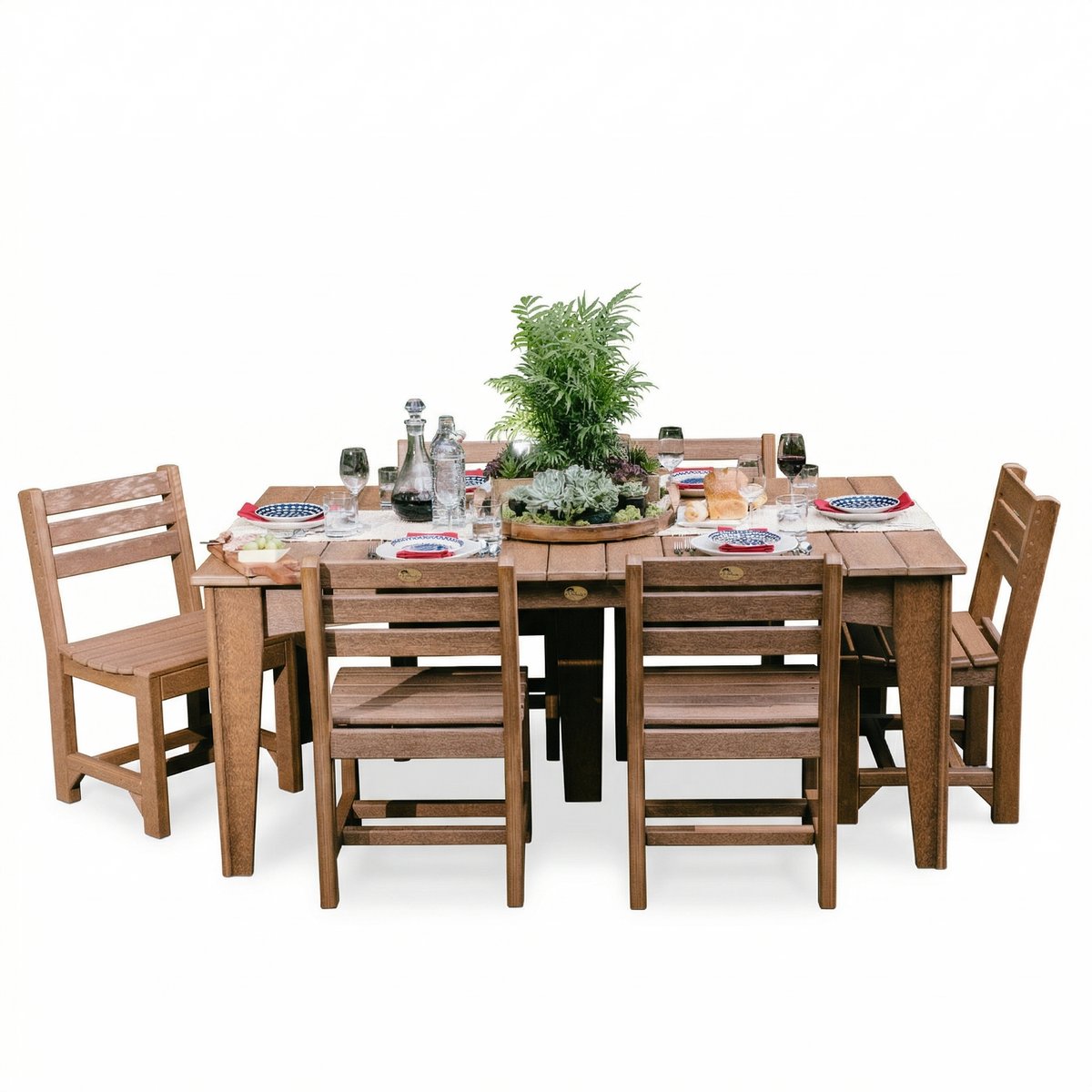 Spacious 44" x 72" rectangular dining table set with six wooden chairs, featuring a potted plant centerpiece and table settings.
