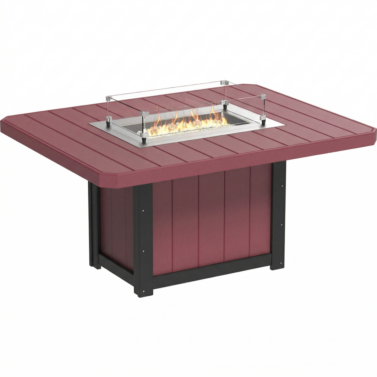 Rectangular 62" fire table in deep red with a stainless steel burner and clear glass wind guard, designed for outdoor use.