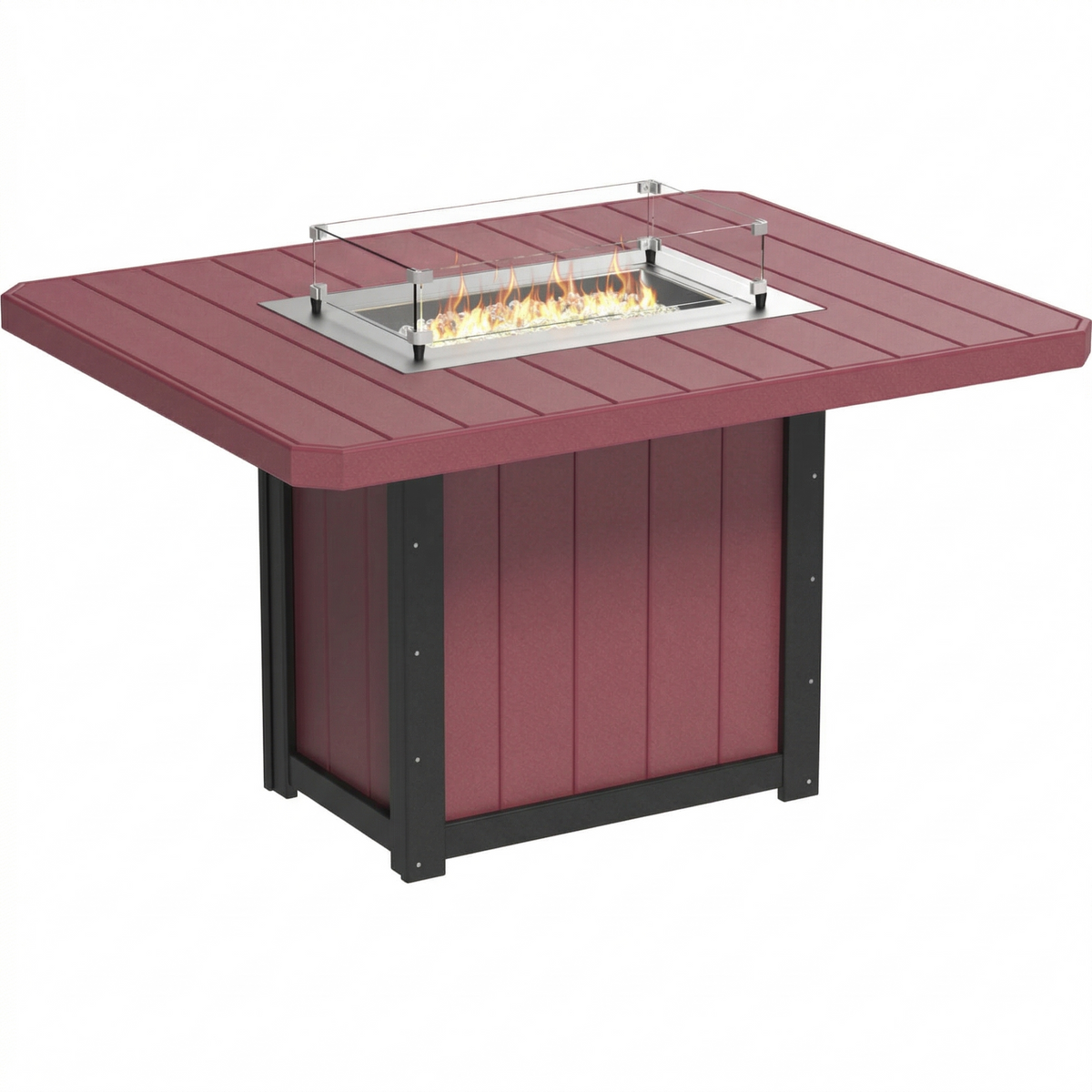 Rectangular counter height fire table with a deep red poly lumber top and stainless steel burner, featuring a glass wind guard.