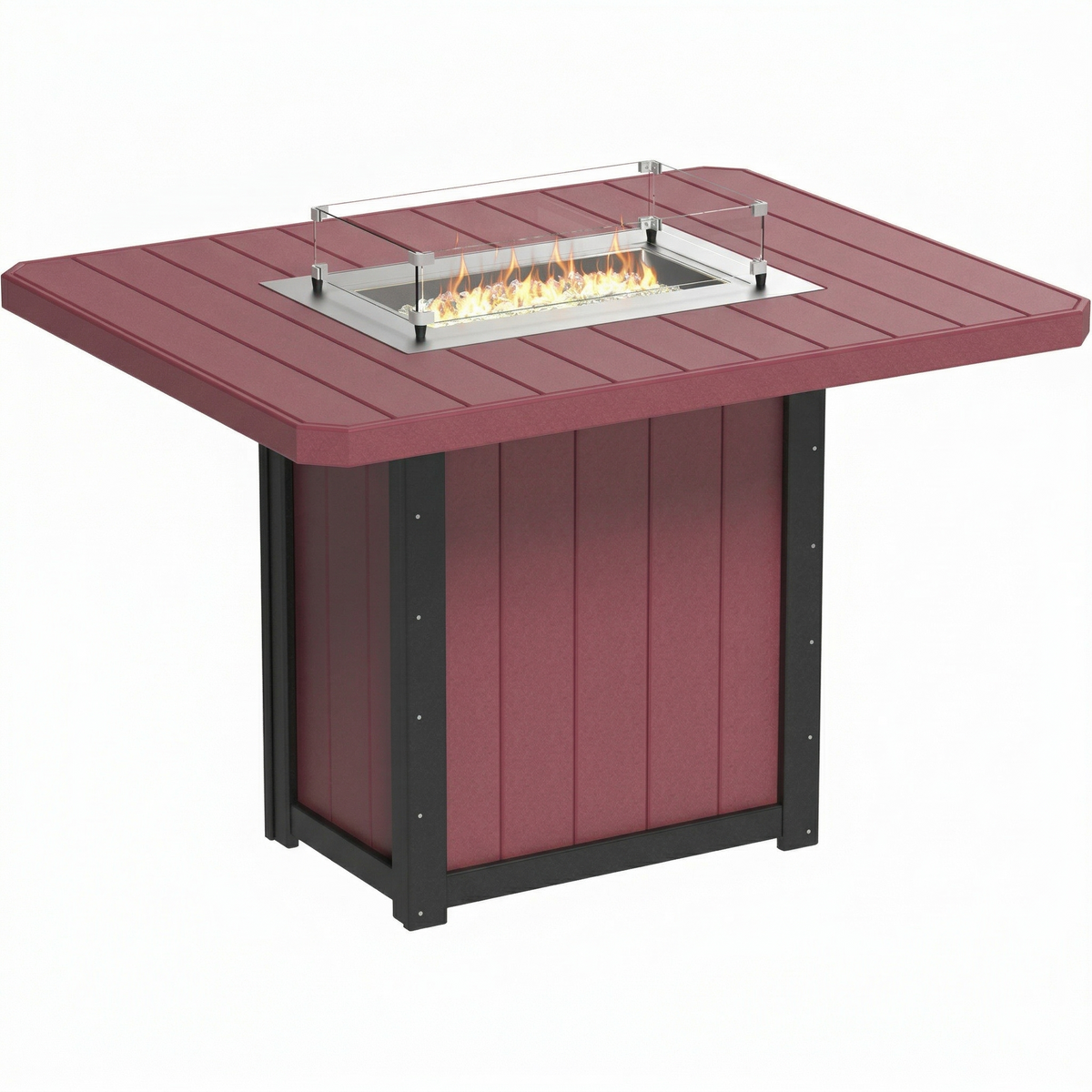 LuxCraft Lumin 62" rectangular bar height fire table with a maroon top and stainless steel burner, featuring glass wind guard.