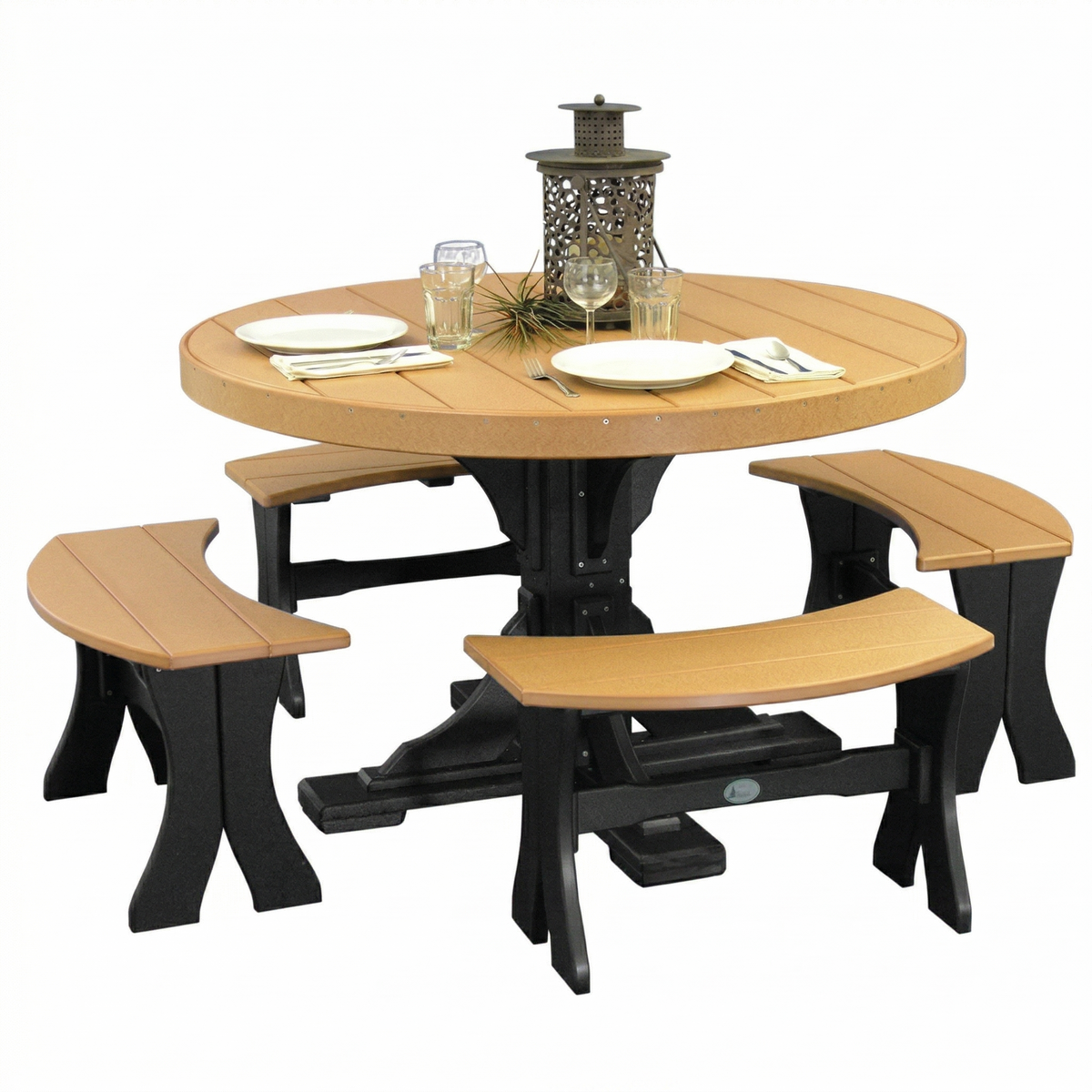 LuxCraft Deluxe Poly 48" round dining table set with a tan tabletop and black benches, seating four, includes lantern and dishes.