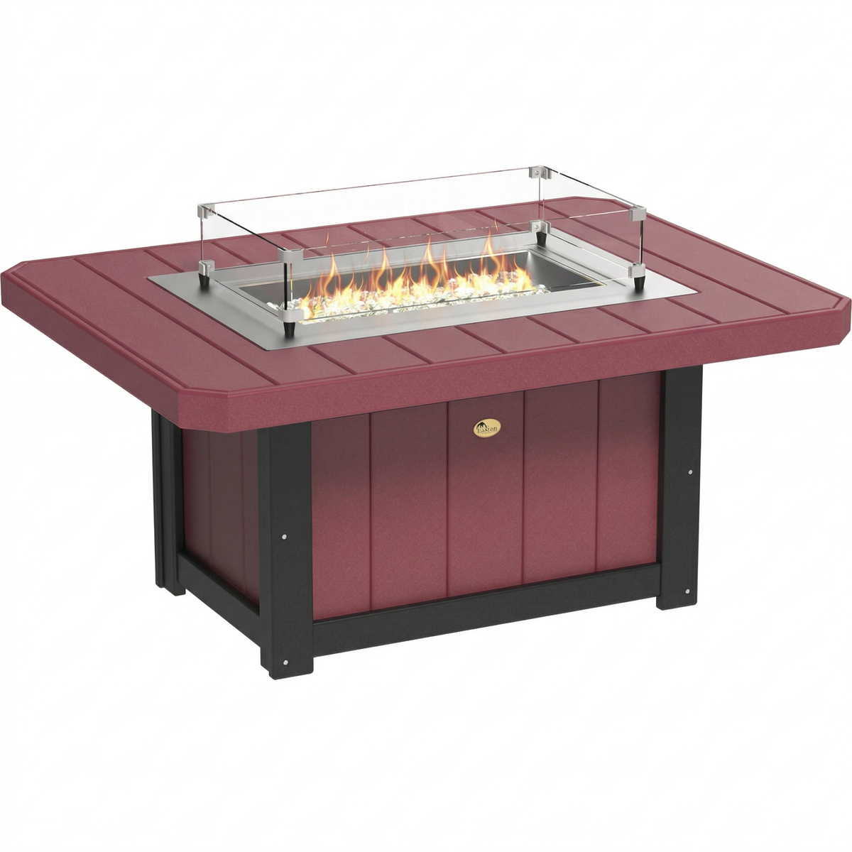 Rectangular fire pit table in deep red with a stainless steel burner, glass wind guard, and flame elements.