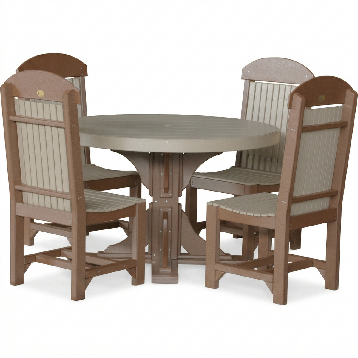 LuxCraft Deluxe Poly 48" round table set in brown and beige. Seats four, featuring slatted back chairs and umbrella hole.