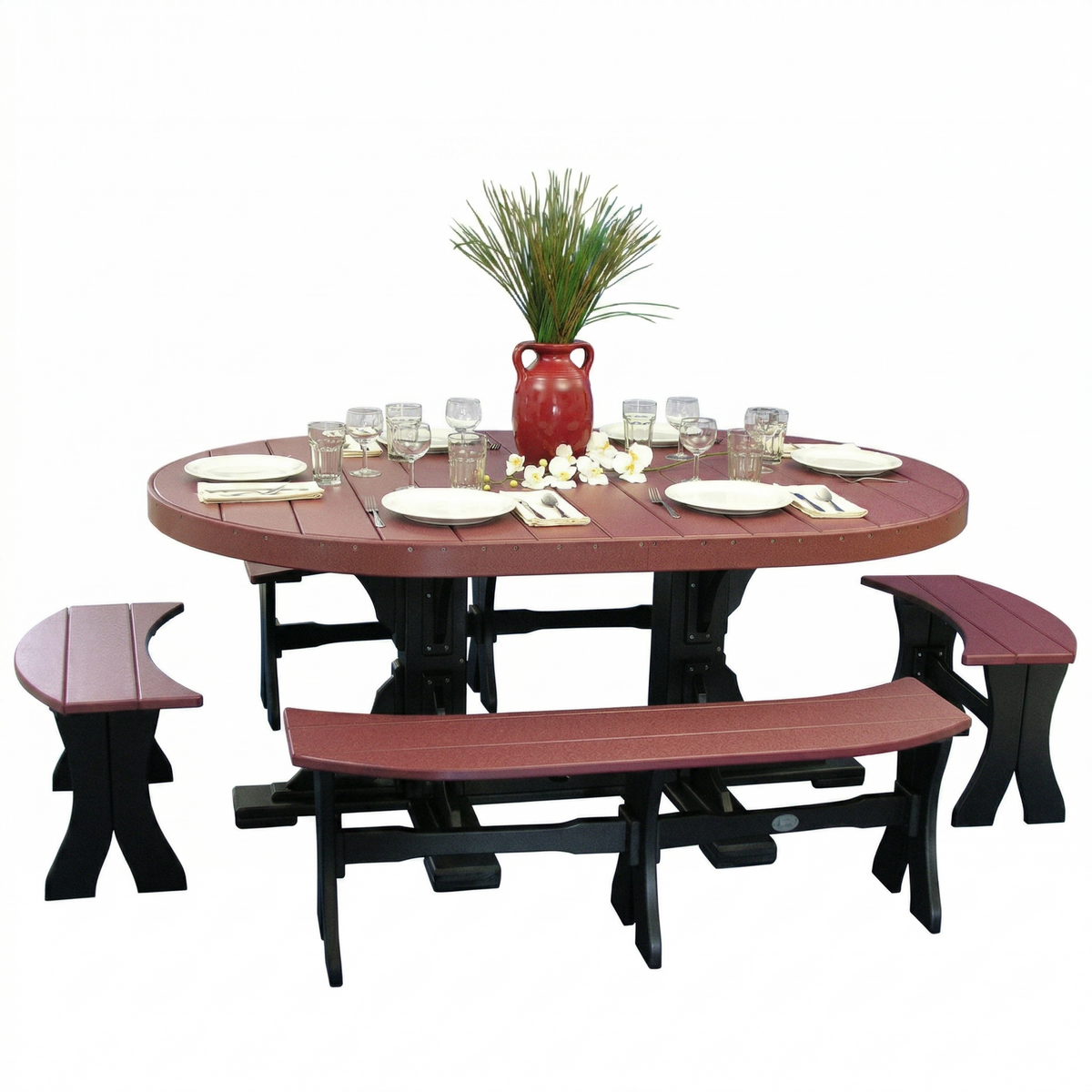 LuxCraft Deluxe Poly 4' x 6' oval table set in burgundy and black with benches, elegantly set for dining with plates and glasses.