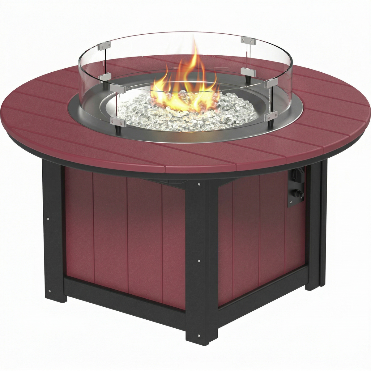Rectangular fire pit table in deep red with a stainless steel burner and tempered glass wind guard, featuring clear fire glass.