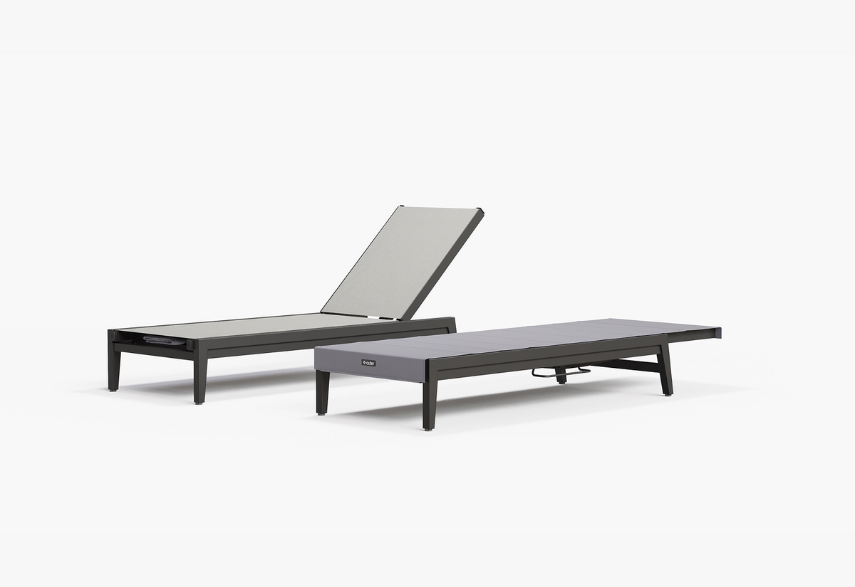 Aluminum Outdoor Infinity Chaise Lounge with gray sling fabric, adjustable backrest, and built-in cover compartment.