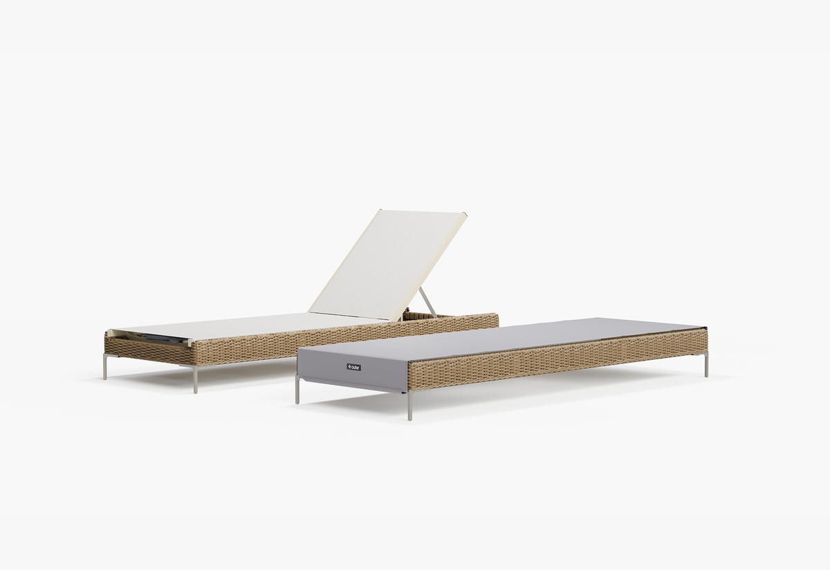 Brown wicker chaise lounge with stainless steel legs, featuring an adjustable backrest. One lounge is fully flat, the other reclined.