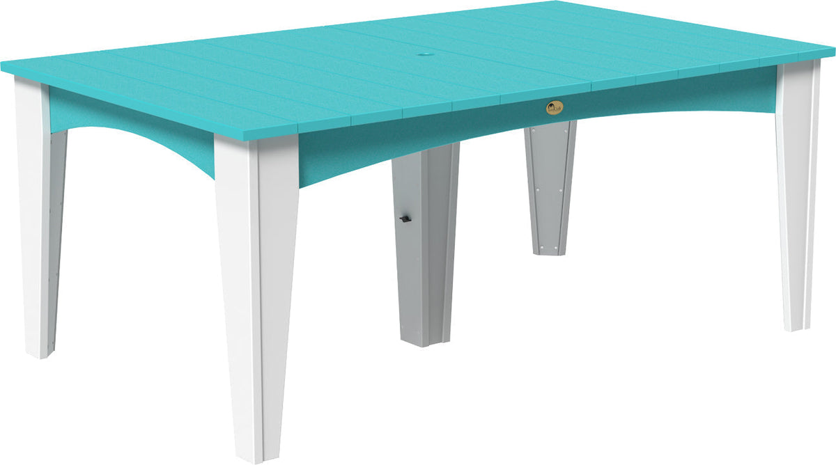 Teal 44" x 72" LuxCraft Island Dining Table with white legs, featuring a center umbrella hole and slatted surface design.