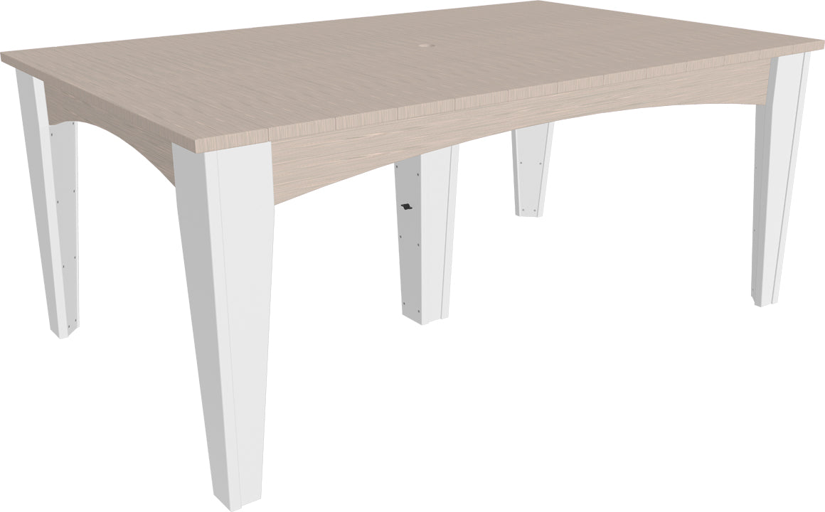 Spacious 44" x 72" island dining table with a light wood top and white legs, designed for six-person outdoor dining.