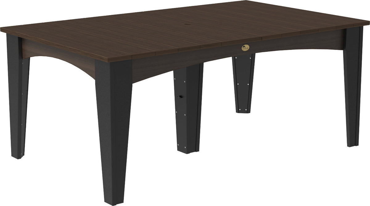 LuxCraft 44" x 72" Island Dining Table with a brown tabletop and black legs, featuring an umbrella hole for shade.