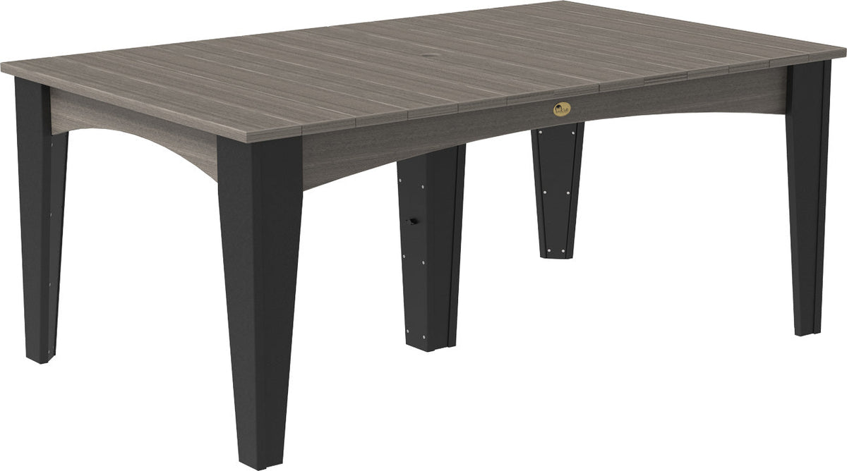 LuxCraft 44" x 72" Island Dining Table Set with a gray wood-like tabletop and black legs, featuring a center umbrella hole.