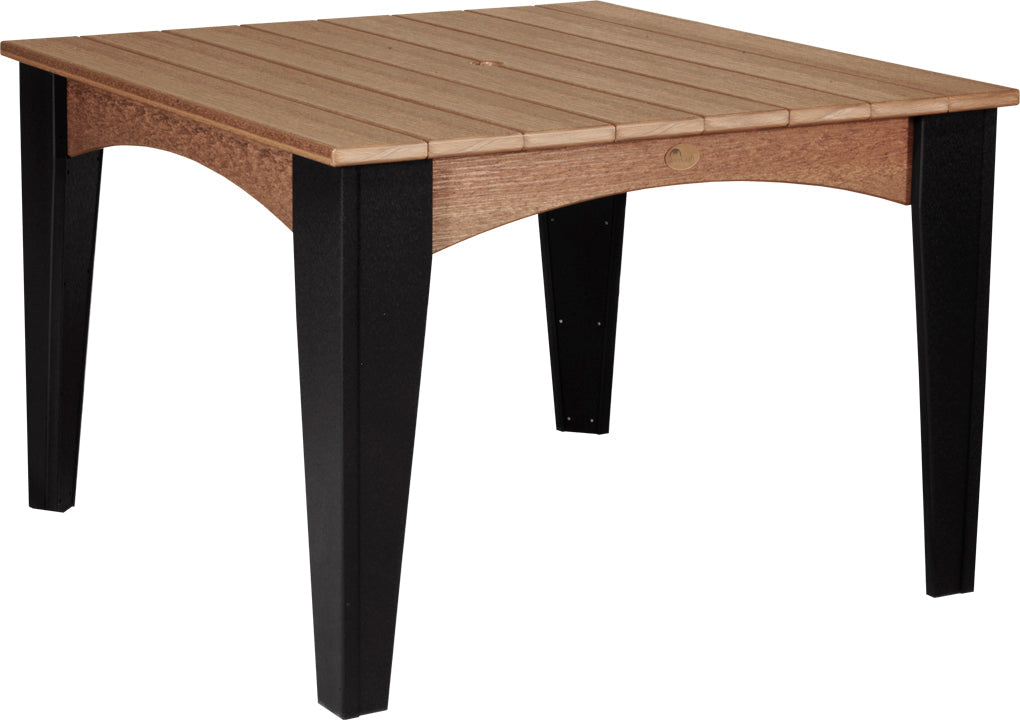 Round dining table with brown wood slat top and black legs, suitable for outdoor use and accommodates four people.