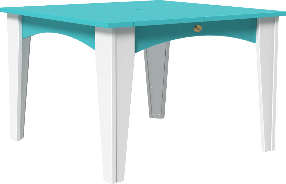 44" round dining table with a turquoise top and white legs, featuring a center umbrella hole for shade installation.