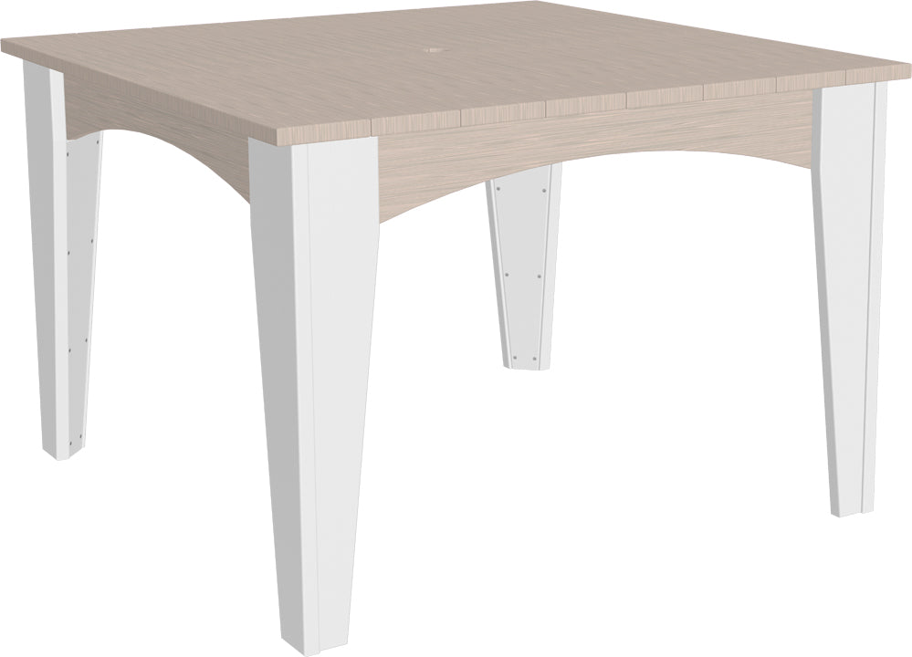 Round, 44" dining table with a light wooden top and white legs, featuring a center umbrella hole for easy shade installation.