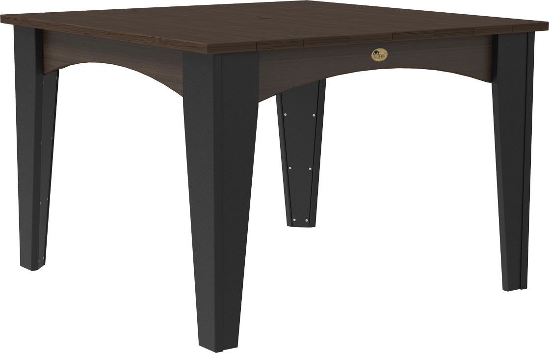 44" round LuxCraft Island Dining Table in dark brown with black legs, featuring a center umbrella hole. Ideal for outdoor dining.