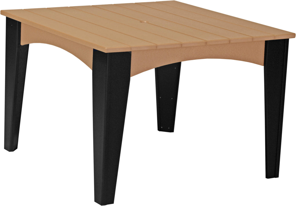 LuxCraft 44" Island Dining Table Set with a round, slatted top in light beige and black legs; features an umbrella hole.