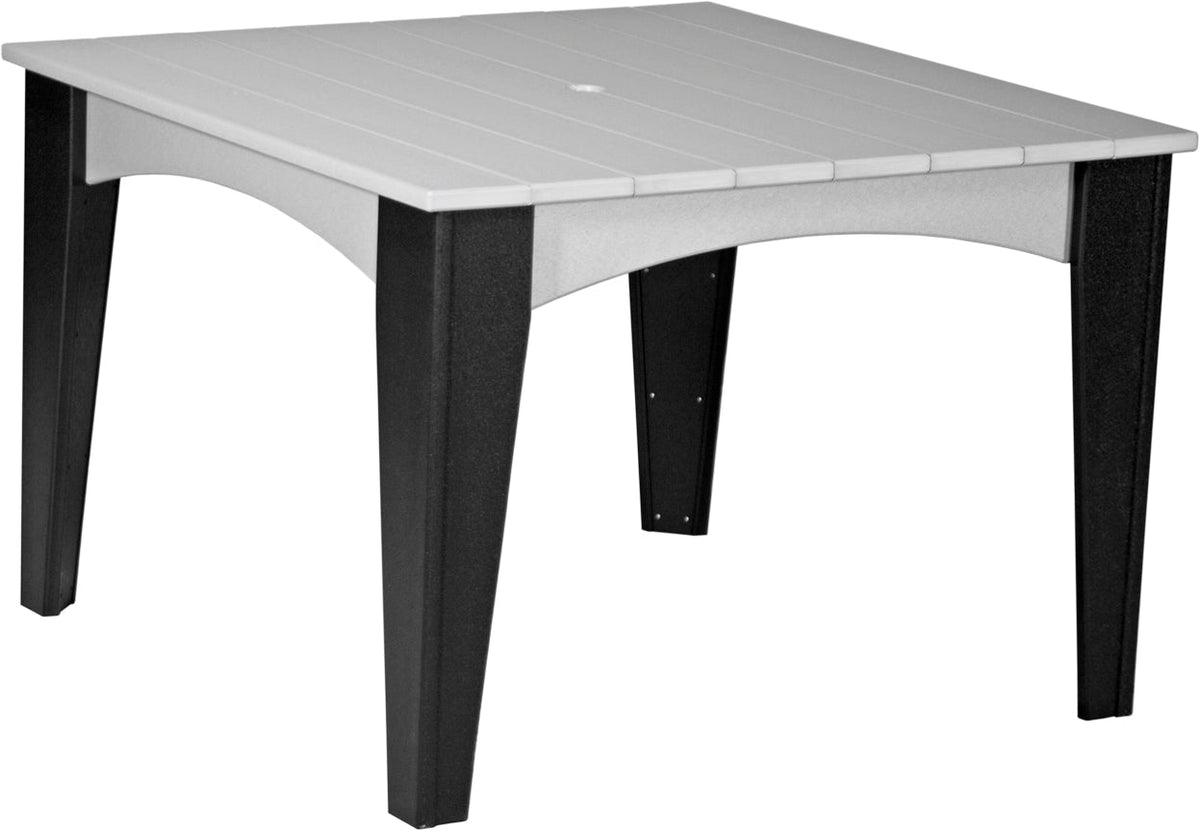 Round, gray 44-inch dining table with a smooth surface and black legs, featuring a center umbrella hole.