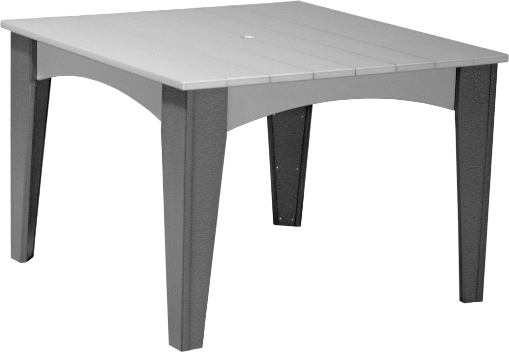44" round gray dining table with a smooth surface, sturdy legs, and a center umbrella hole for outdoor use.