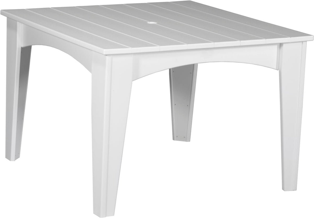 44" round white dining table with slatted top, designed for four adults, featuring a center umbrella hole and sturdy legs.