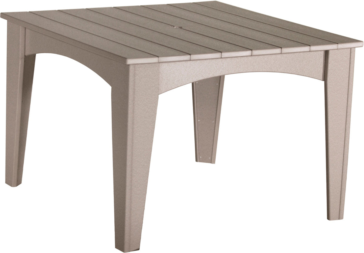 LuxCraft 44" round dining table set in light beige, featuring a slatted surface and sturdy legs with a center umbrella hole.