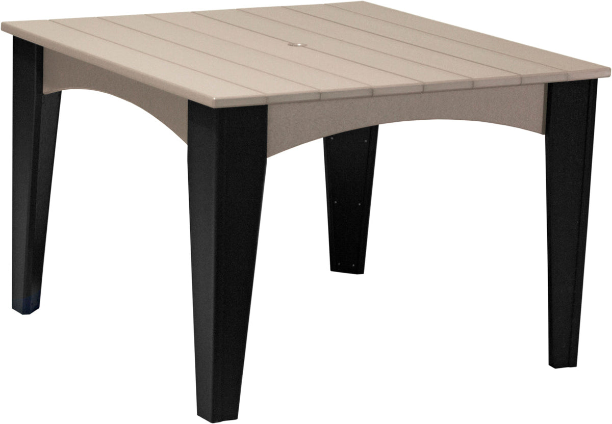 44" round dining table with a light-colored top and black legs, featuring a center umbrella hole for shade.