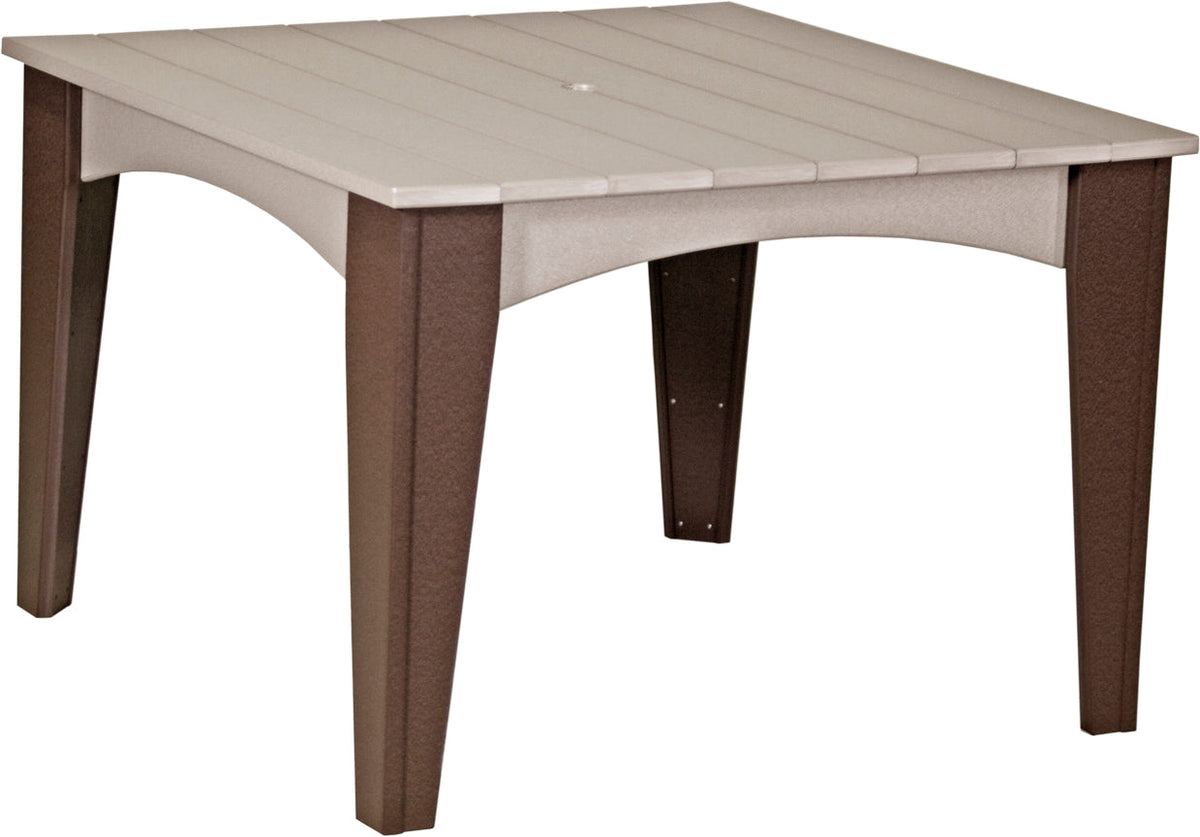 Round dining table with a sandy beige top and dark brown legs; features a center umbrella hole. Suitable for outdoor use.