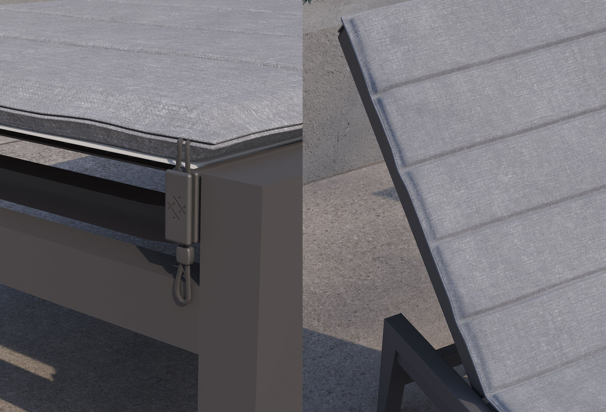 Aluminum Outdoor Infinity Chaise Lounge with a gray textured sling, featuring an adjustable backrest and integrated cover.