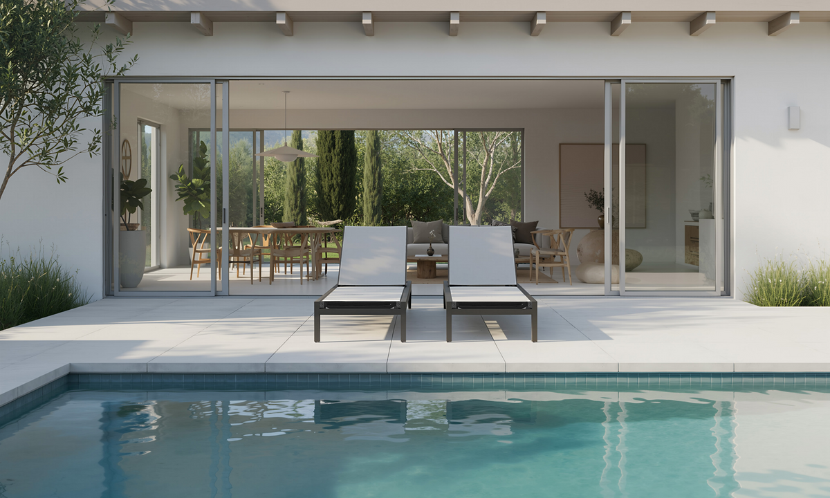 Aluminum Outdoor Infinity Chaise Lounge with a sleek frame and adjustable, light gray sling fabric beside a pool.