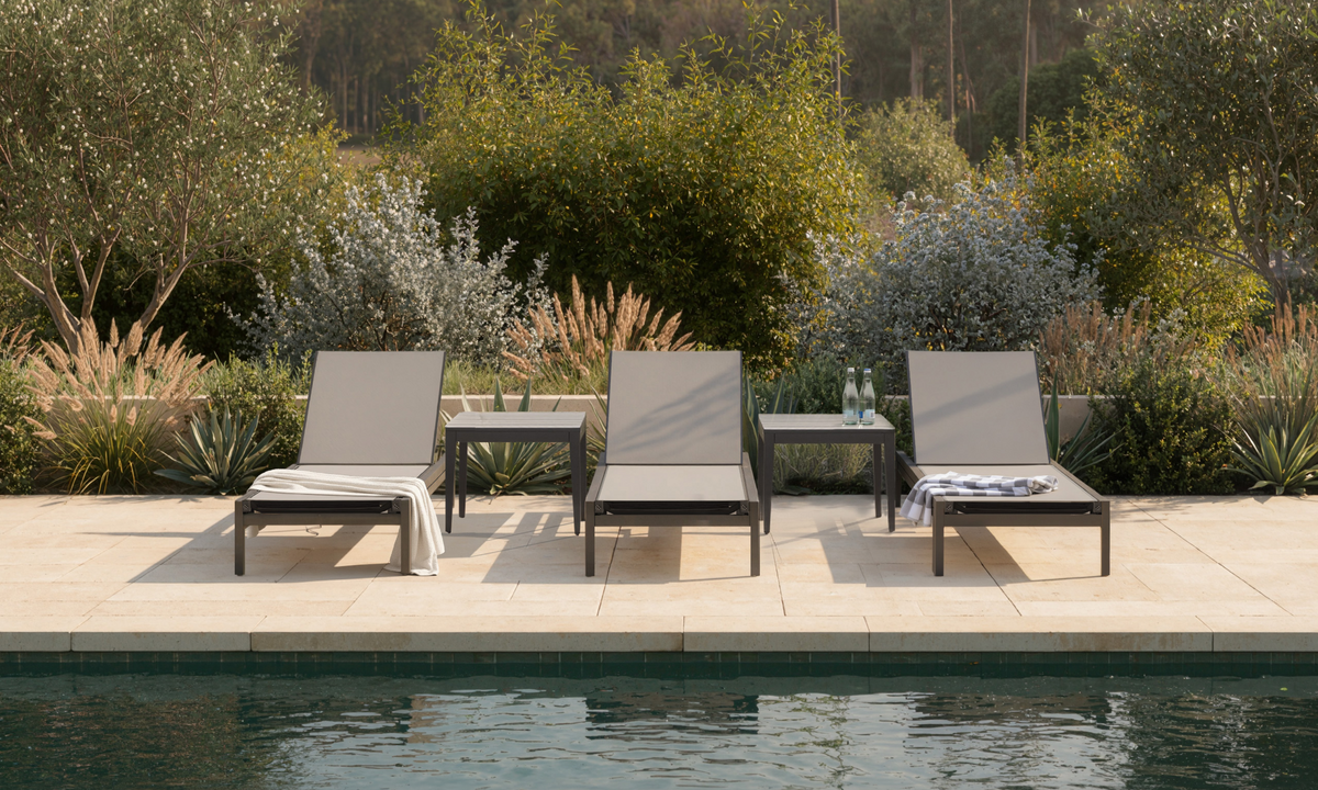 Aluminum Outdoor Infinity Chaise Lounge in gray with a sleek frame, featuring an adjustable backrest and a protective cover.