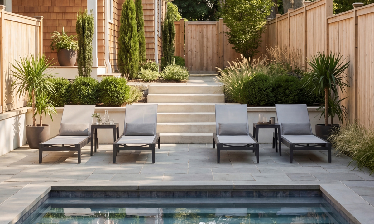 Aluminum Outdoor Infinity Chaise Lounge with gray sling fabric, adjustable backrest, set beside a pool in a landscaped patio.