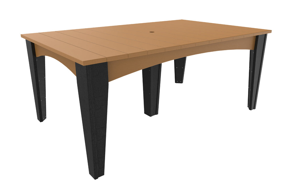 Rectangular patio dining table in brown with black legs, featuring a center umbrella hole and smooth surface.