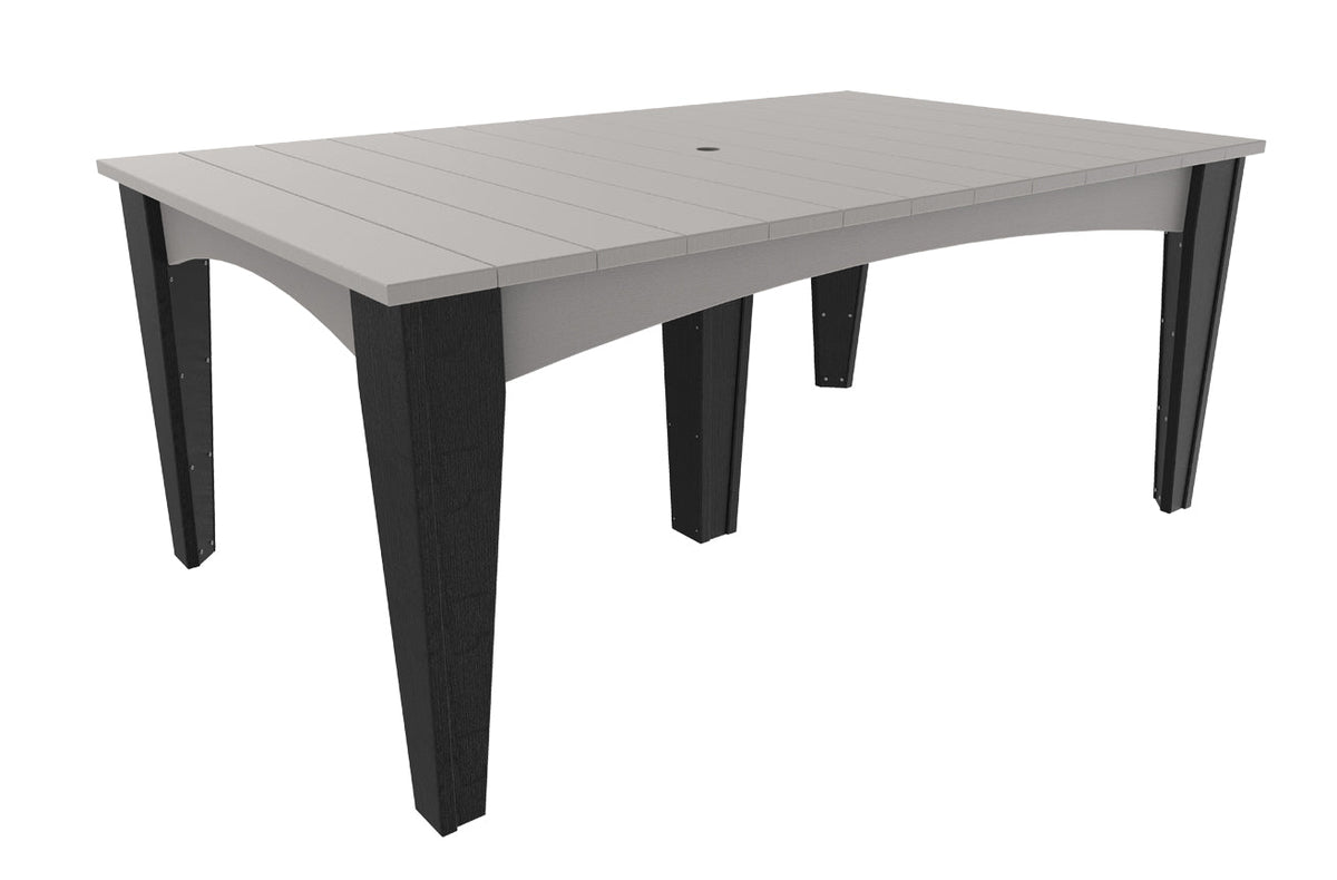 Rectangular patio dining table set in gray poly lumber with black legs, featuring a center umbrella hole. Seats six adults.