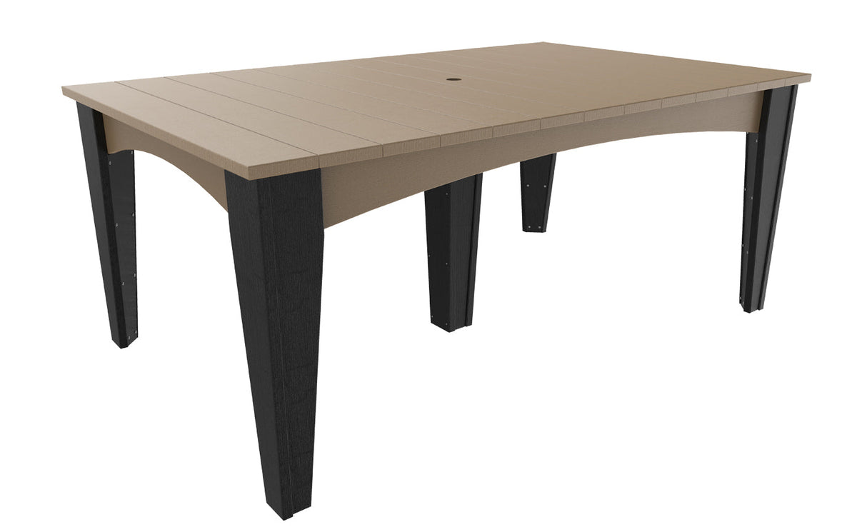 Spacious 44" x 72" LuxCraft dining table with a smooth sandy beige top and black legs, featuring a built-in umbrella hole.