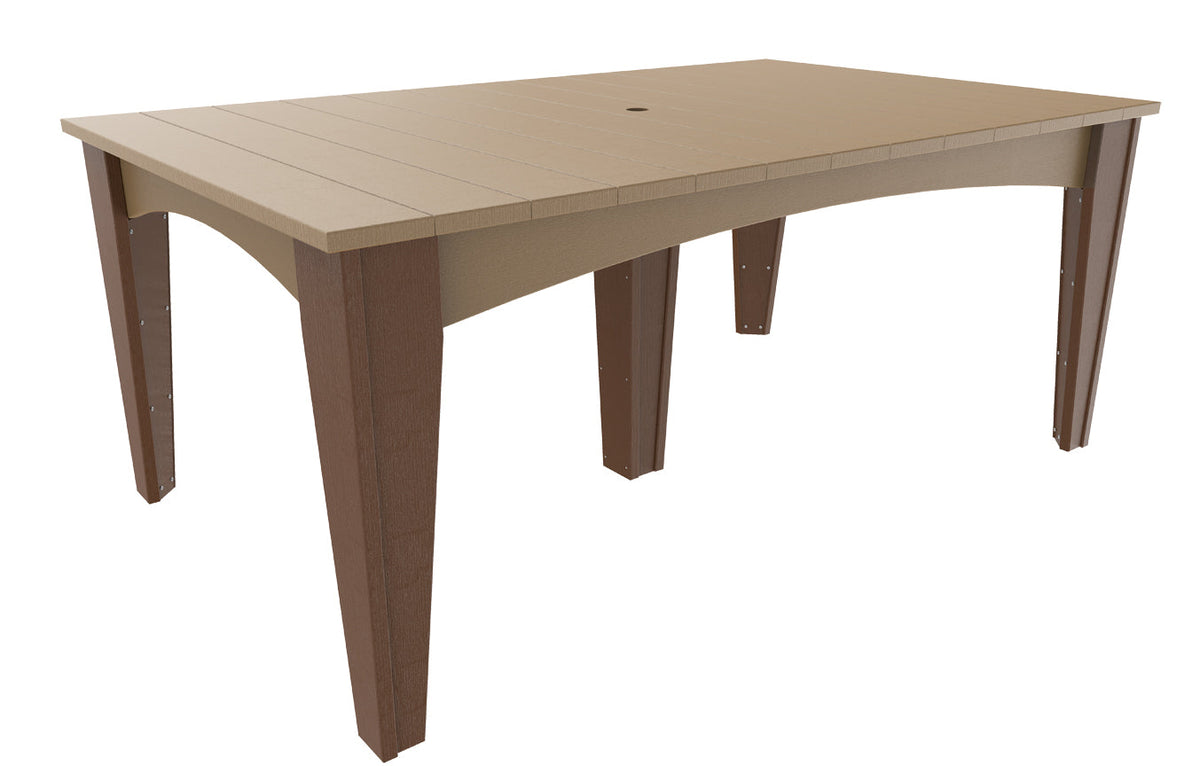 LuxCraft 44" x 72" dining table in a light tan and brown color scheme, featuring a sleek, rectangular design and umbrella hole.