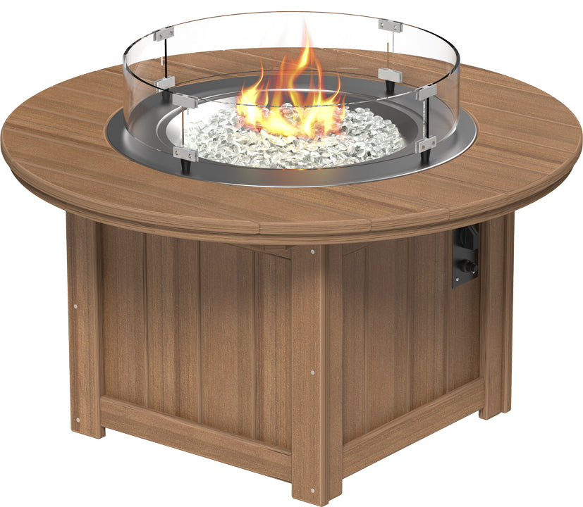 Rectangular fire pit table with a wooden finish, stainless steel burner, clear fire glass gems, and tempered glass wind guard.