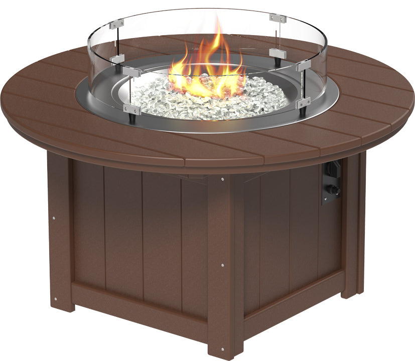 Rectangular fire pit table with a rich brown HDPE wood finish, glass wind guard, and clear fire glass gems.