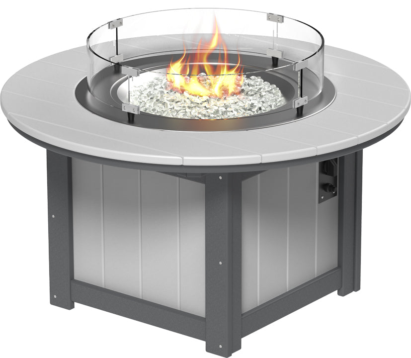 Rectangular LuxCraft Lumin 46" fire pit table with a glass wind guard and glass gems, featuring a durable HDPE frame.