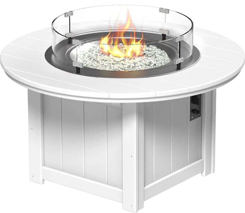 LuxCraft Lumin 46" Rectangular Fire Pit Table in white, featuring glass wind guard and reflective fire glass gems.