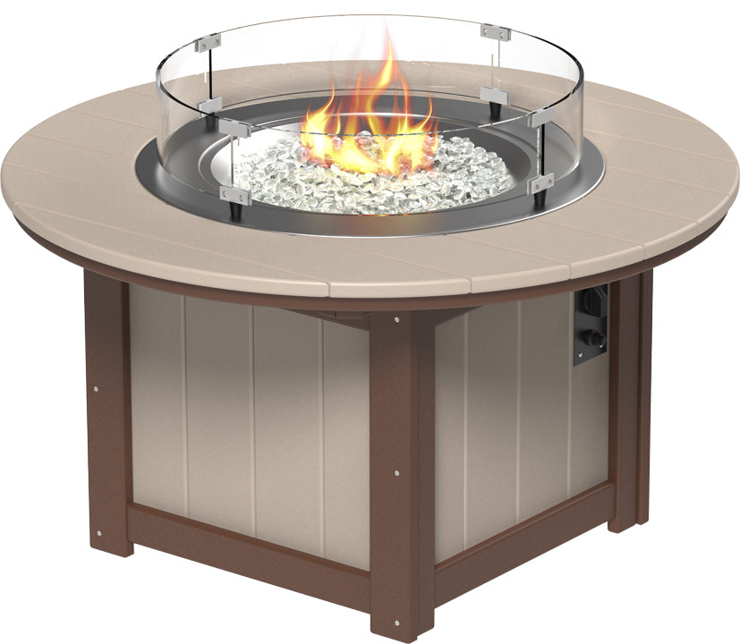 Rectangular fire pit table with a beige top, stainless steel burner, and a glass wind guard, made from recycled HDPE material.