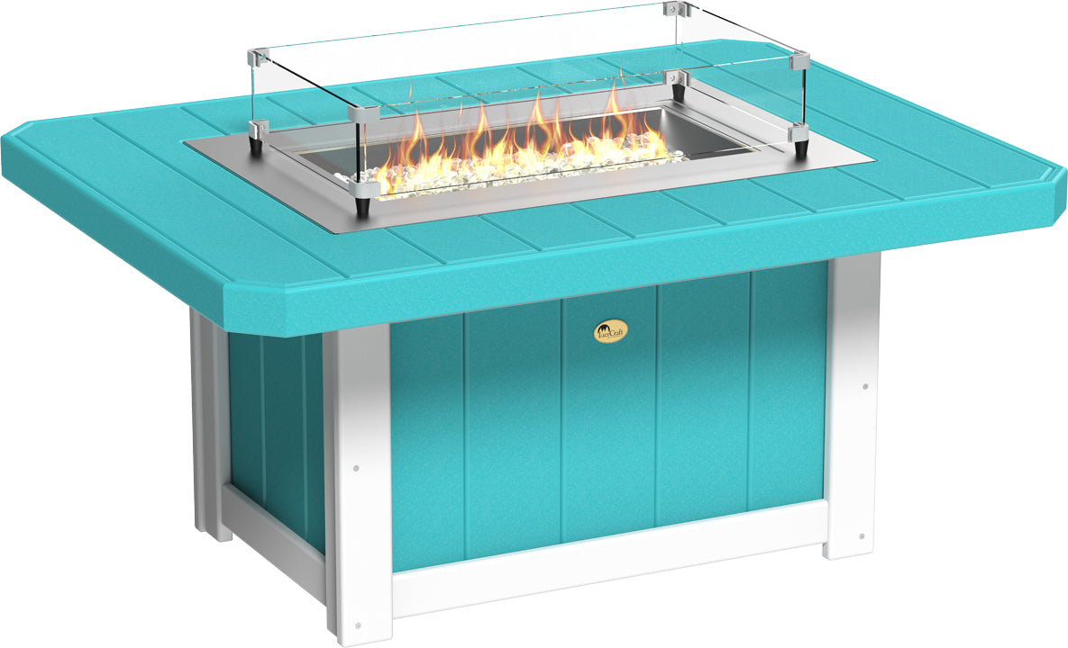 Rectangular 51" fire pit table in vibrant turquoise, featuring a stainless steel burner and tempered glass wind guard.