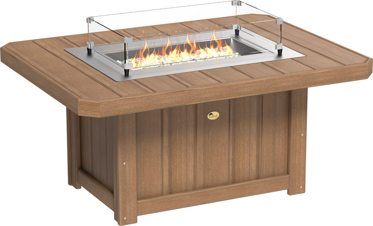 LuxCraft Lumin 51" rectangular fire pit table in a warm brown finish, featuring a stainless steel burner and glass wind guard.