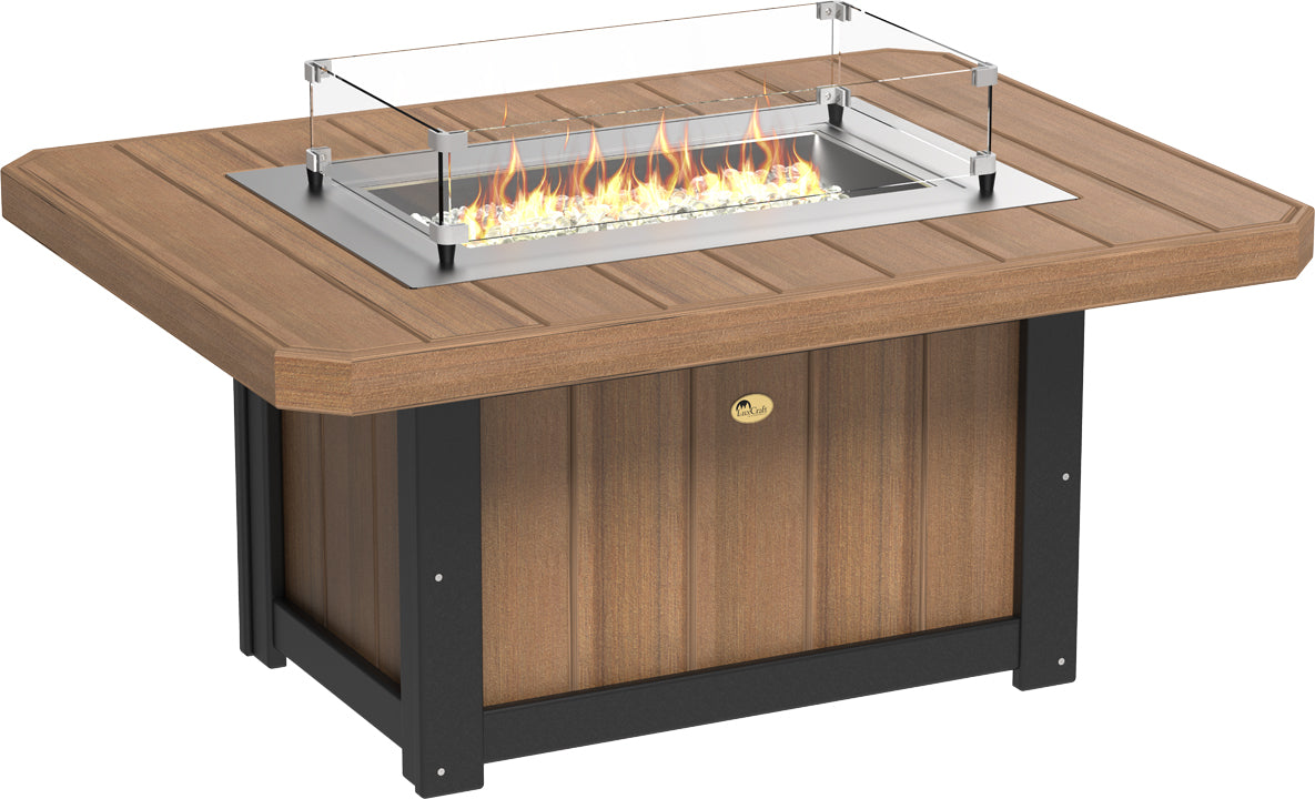 Rectangular fire pit table with a brown HDPE wood-like top, stainless steel burner, and tempered glass wind guard.