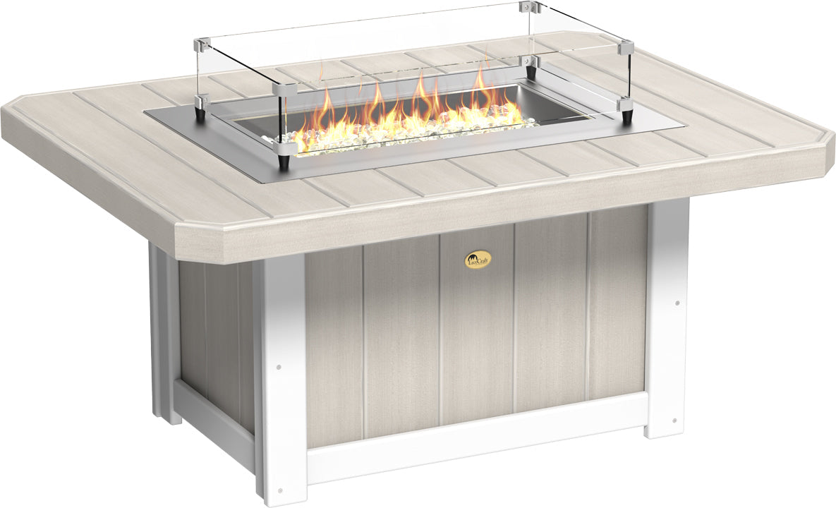 LuxCraft Lumin 51" rectangular fire pit table in a light wood finish with stainless steel burner and glass wind guard.