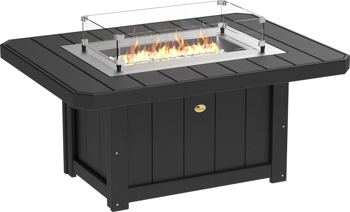 LuxCraft Lumin 51" rectangular fire pit table in black with a stainless steel burner and glass wind guard.
