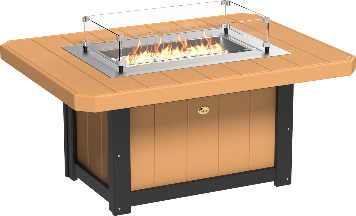 Rectangular fire pit table with an orange HDPE surface, stainless steel burner, and tempered glass wind guard.